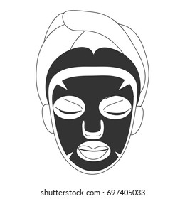 Vector illustration for cosmetic face care in line art style: woman face with black sheet mask on. Black facial sheet mask  could be a Volcanic, Black pearl or Charcoal one for deep skin pore care.