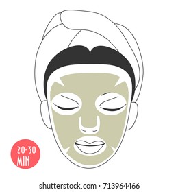 Vector illustration for cosmetic face care in line art style: woman face with Gold Collagen sheet mask on. Gold facial Collagen mask could be lifting, firming, anti aging or anti-toxin.