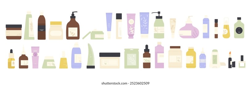 Ilustración vectorial de botellas, envases y tubos de cosméticos, maquillaje y productos para el cuidado de la piel. Incluye loción, crema, gel y champú. Representa productos de cuidado personal, belleza e higiene.