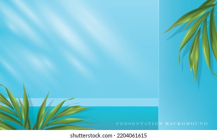 vector illustration cosmetic presentation background and palm leaves design template,blue color 3D room.