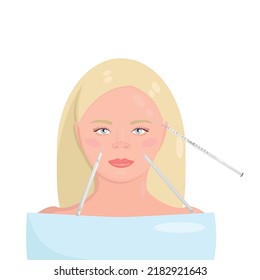 Ilustración vectorial de los procedimientos cosméticos con diversas herramientas para una piel saludable y brillante para el cliente femenino sonriente. Dermatólogo hace procedimientos de belleza para las pacientes en clínicas de estética