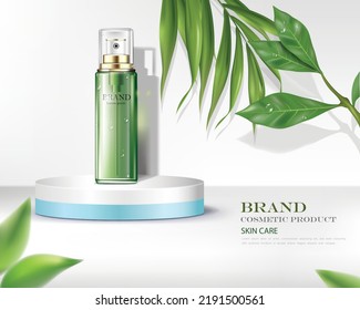 vector illustration cosmetic product on the podium.use for cosmetic advertising.green color cosmetic spray bottle.