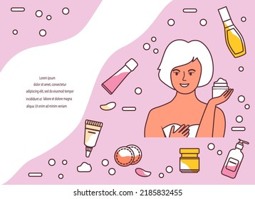 Vector illustration Cosmetic products ad, skin care ad. Woman applying moisturizing cream, taking care of skin by applying moisturizer every day. Beauty Routine. Anti-aging. Lifting Natural Organic