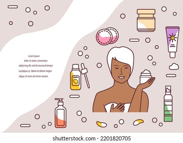 Vector illustration Cosmetic products ad, skin care ad. Woman applying moisturizing cream, taking care of skin by applying moisturizer every day. Beauty Routine. Anti-aging. Lifting Natural Organic