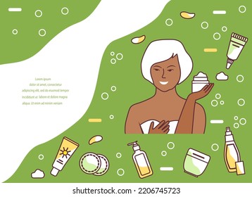 Vector illustration Cosmetic products ad, skin care ad. Woman applying moisturizing cream, taking care of skin by applying moisturizer every day. Beauty Routine. Anti-aging. Lifting Natural Organic