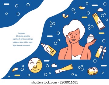 Vector illustration Cosmetic products ad, skin care ad. Woman applying moisturizing cream, taking care of skin by applying moisturizer every day. Beauty Routine. Anti-aging. Lifting Natural Organic