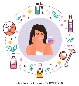 Vector illustration. Cosmetic products ad. Multi-stage facial skin care. Woman applying moisturizing cream. Girl taking care of skin every day. Beauty Routine Anti-aging Lifting Natural Organic