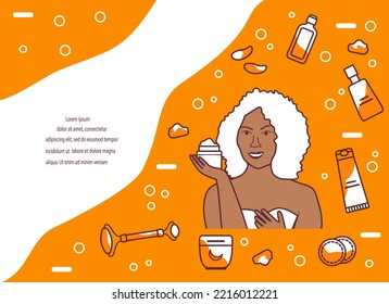 Vector illustration Cosmetic products ad, skin care ad. Woman applying moisturizing cream, taking care of skin by applying moisturizer every day. Beauty Routine. Anti-aging. Lifting Natural Organic