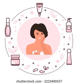 Vector illustration Cosmetic products ad, skin care ad. Woman applying moisturizing cream. Girl taking care of skin by applying moisturizer every day. Beauty Routine Anti-aging Lifting Natural Organic