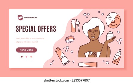 Vector illustration Cosmetic products ad, skin care ad. Special Offers Discount. Woman applying cream, taking care of skin by applying moisturizer. Beauty Routine. Anti-aging. Lifting Natural Organic