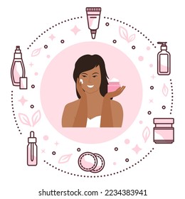 Vector illustration Cosmetic products ad, skin care ad. Woman applying moisturizing cream. Girl taking care of skin by applying moisturizer every day. Beauty Routine Anti-aging Lifting Natural Organic