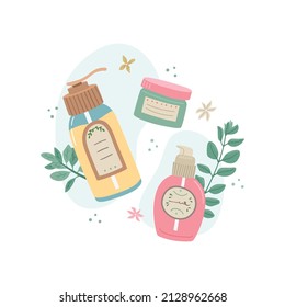 Vector illustration of cosmetic products for face care with botanical decor. Beauty Industry