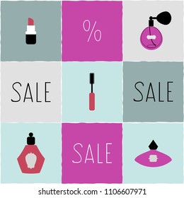 Vector illustration with cosmetic products and text ''Sale'', perfect for your business projects, web, banners, scrapbooking, backgrounds, etc.