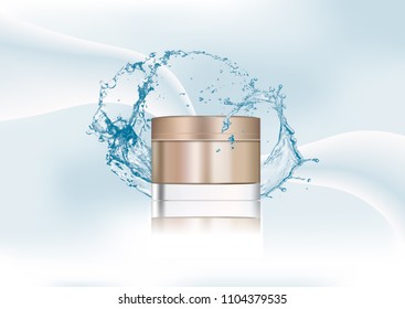 Vector illustration, cosmetic realistic bronze gold glass cream jar,plastic lid.Cosmetic beauty product package template. Realistic mockup of container. Abstract stylish gradient background.