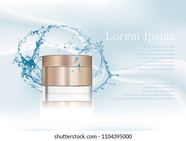 Vector illustration, cosmetic realistic bronze gold glass cream jar,plastic lid.Cosmetic beauty product package template. Realistic mockup of container. Abstract stylish gradient background.