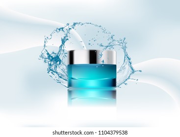 Vector illustration. Cosmetic realistic glass cream jar,silver lid. Cosmetic beauty product package template. Realistic container on abstract stylish gradient background. Blue color, overflows.