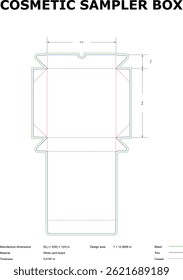 Ilustración vectorial de una Plantilla de corte de caja de muestra cosmética con dimensiones, perfecta para el diseño de envases de productos y la creación de Materiales promocionales.