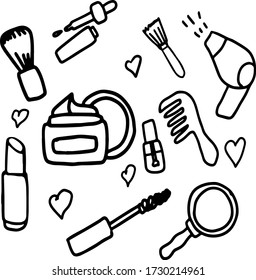 vector illustration of cosmetics. graphic set of cosmetics. lipstick, makeup brushes, a jar of cream. women things