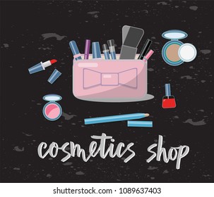 Vector illustration of cosmetics product on chalkboard. With text cosmetics shop. Cosmetics product. As template of background, postcard, bisness card, print, logo, for cosmetics shop. Flat drawing