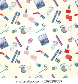 Vector illustration of cosmetics product. Seamless pattern As template of background, postcard, bisness card, print, paper. For cosmetics shop. Flat drawing for journal.