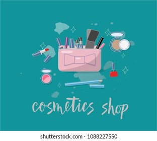 Vector illustration of cosmetics product. With text cosmetics shop. Cosmetics product. As template of background, postcard, bisness card, print, logo, for cosmetics shop. Flat drawing for journal.