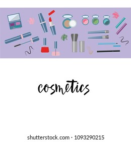 Vector illustration of cosmetics product. With text cosmetics. As template of background, postcard, bisness card, print, logo, paper. For cosmetics shop. Flat drawing for journal.