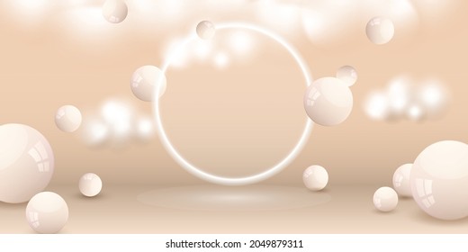 Vector illustration for cosmetics skintone background with falling ball and glowing white round frame.