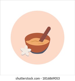 Ilustración vectorial de с con cosméticos, pasta de azúcar y espátula en estilo plano. Emblema en un círculo de bonitos colores naturales. Se puede usar como icono o elemento de diseño para el sitio del salón de belleza