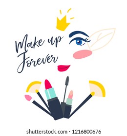 Vector illustration with cosmetics symbols and abstract woman face. Make up elements. Feminine concept.