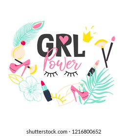 Vector illustration with cosmetics symbols and hand written lettering. Girl power text. Make up elements. Feminine concept.