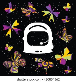 vector illustration / cosmic abstract design / rainbow colored butterflies / spaceman helmet image 