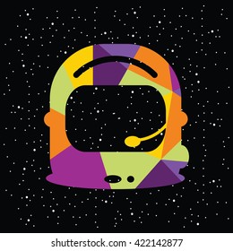 vector illustration / cosmic abstract design / rainbow colored polygonal pattern / spaceman helmet image 