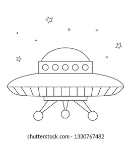 Vector illustration: cosmic color book for kids pastime single linear style image with alien spaceship - flying saucer isolated on white background with stars.
