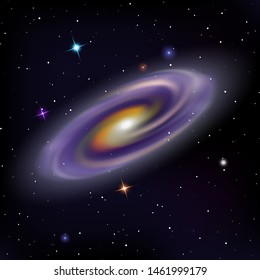 Vector illustration of Cosmic Galaxy and bright shining stars on night sky background. Space background. Colorful galaxy with nebula, supernova , planets  and stars. Abstract futuristic backdrop.