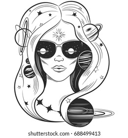 Vector illustration of a cosmic girl with glasses. Great for prints or colorings for adults
