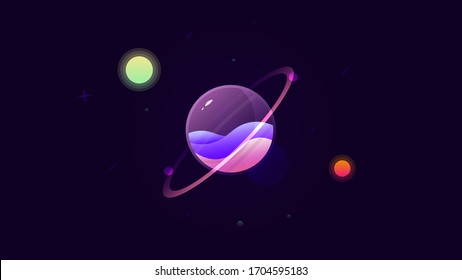 Vector illustration cosmic glass transparent planet with starts, comets in universe. Space futuristic view of neon light orbit rings. jupiter, saturn, uranus, neptune on dark background