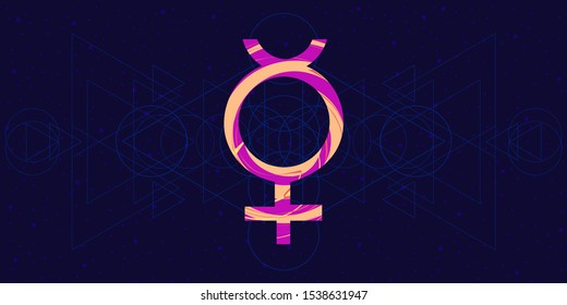 vector illustration of cosmic night sky background and Mercury planet symbol for astrological visuals