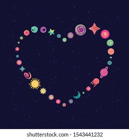 vector illustration of cosmic night sky and colorful planets in heart shape design for bright love and neon Valentine cards designs