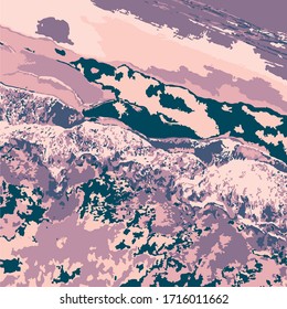 Vector illustration of cosmic planet surface of dark violet, beige, dark green and pink colors.
