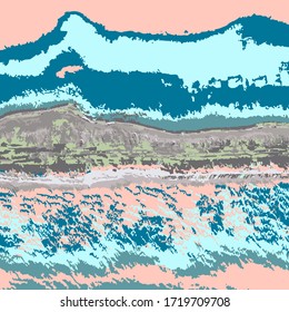 Vector illustration of cosmic planet surface of pink, blue, green and grey colors.