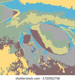 Vector illustration of cosmic planet surface of blue, yellow, green and brown colors.