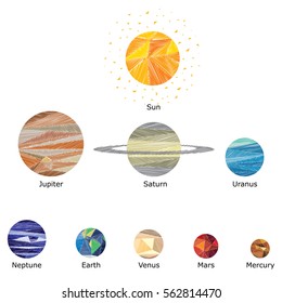 Vector illustration of cosmic planets in triangle style marker scribble drawing
