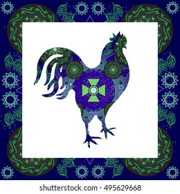 Vector illustration of cosmic rooster. Holiday chicken card. New year banner.