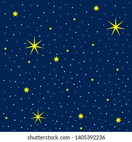 Vector illustration of the cosmic sky with many bright stars. Vector illustration seamless pattern. The firmament of the spacious universe. Flat design