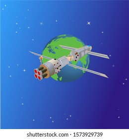 Vector illustration of the cosmic station with solar panels orbiting around the Earth.