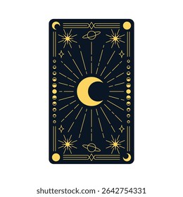 Vector illustration of cosmic tarot card ornament with crescent moon, stars, moon phases and planets. Magic occult pattern. Astrology, mysticism, witchcraft theme. Black background. Isolated.