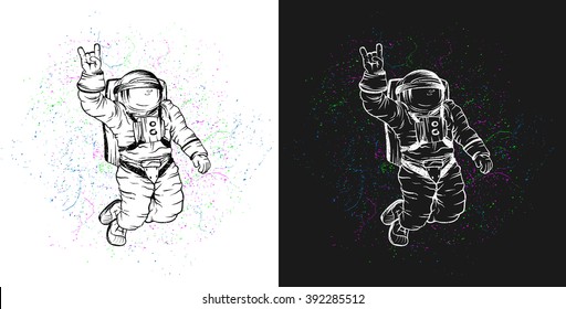 Vector illustration of cosmonaut, astronaut in space on white and dark grey background. Design for shirt, T-shirt.