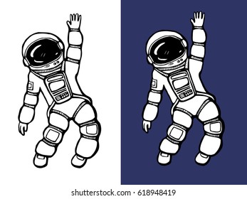 Vector illustration of cosmonaut, astronaut in space on white and dark blue background. Design for shirt, T-shirt. 