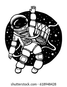 Vector illustration of cosmonaut, astronaut in space with drum on white and dark grey background. Design for shirt, T-shirt. Hand drawn black and white illustration