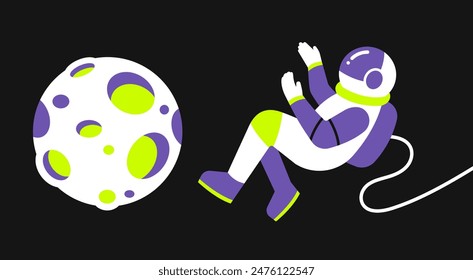 Vector illustration of a cosmonaut on the moon. Black background